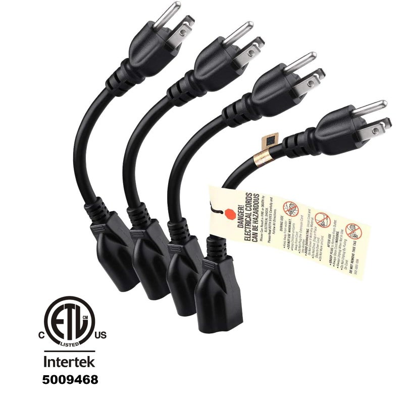 Miady [ETL Listed] Miady Short Power Extension Cord Outlet Saver, 16AWG/13A, 3 Prong (4 Pack, Black, 8 Inch) - Image 2